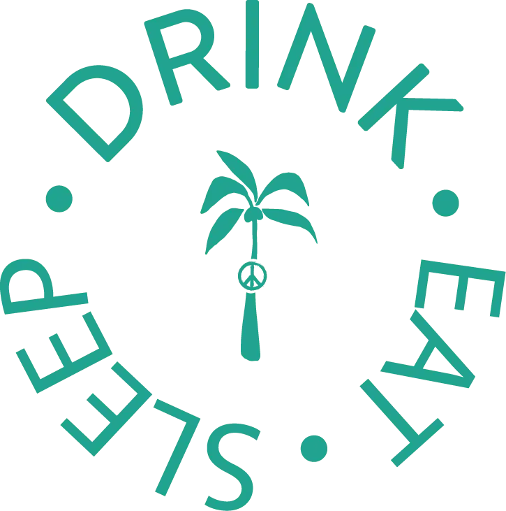 eat, drink, sleep graphic with palm tree in the middle